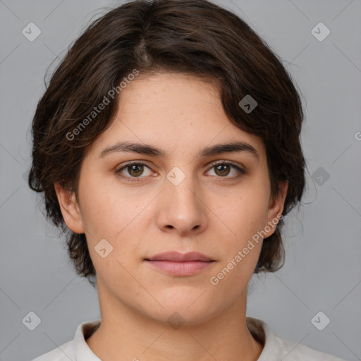 Neutral white young-adult female with medium  brown hair and brown eyes