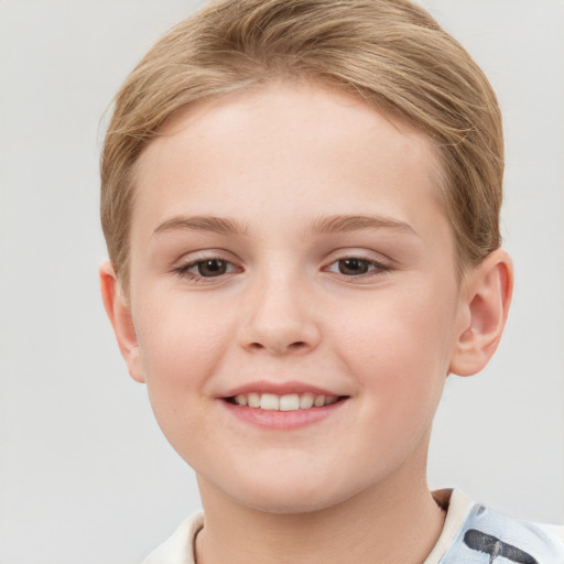 Joyful white child female with short  brown hair and grey eyes