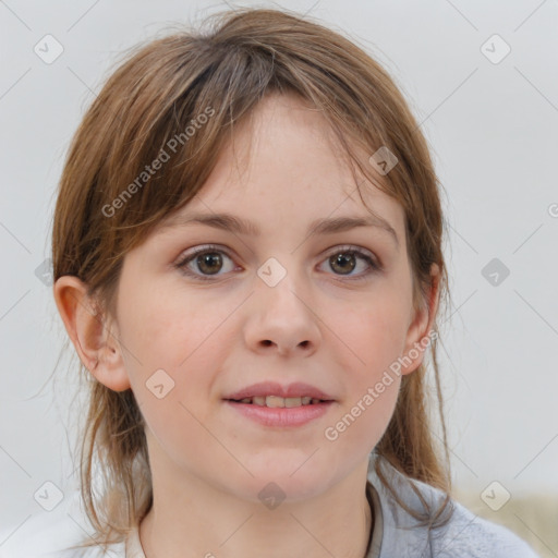 Neutral white young-adult female with medium  brown hair and grey eyes