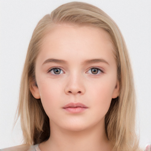 Neutral white child female with medium  brown hair and blue eyes