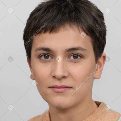 Neutral white young-adult female with short  brown hair and brown eyes