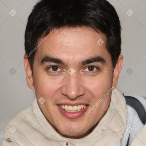 Joyful white young-adult male with short  brown hair and brown eyes