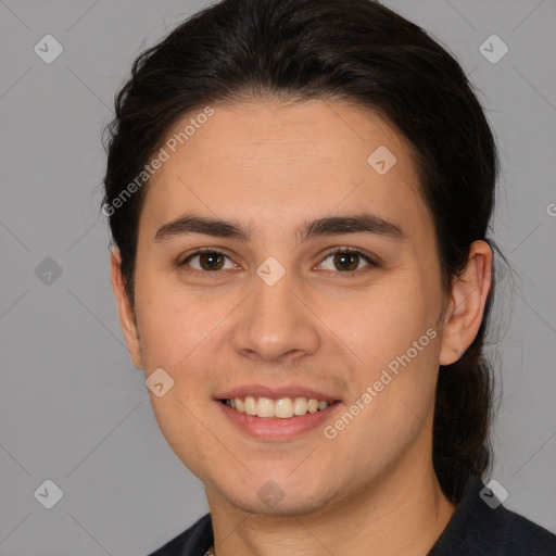 Joyful white young-adult female with medium  brown hair and brown eyes