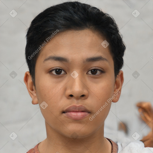 Neutral latino young-adult female with short  black hair and brown eyes