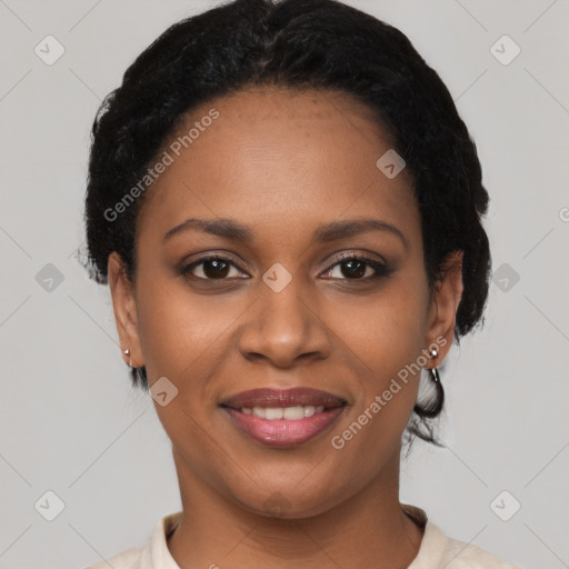 Joyful latino young-adult female with short  black hair and brown eyes