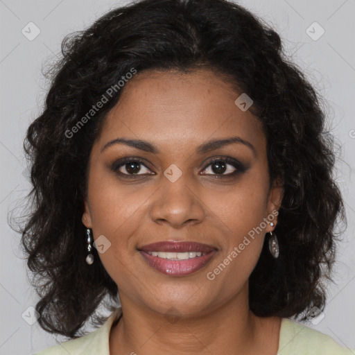 Joyful black young-adult female with long  brown hair and brown eyes