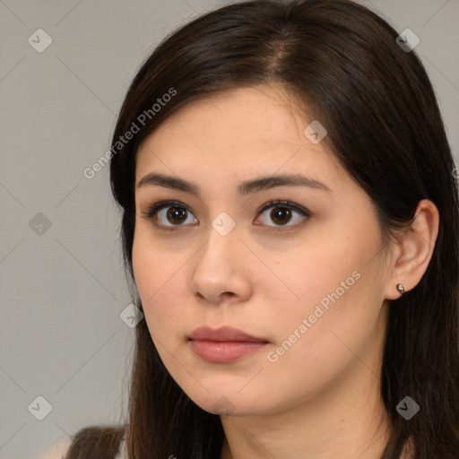 Neutral white young-adult female with long  brown hair and brown eyes