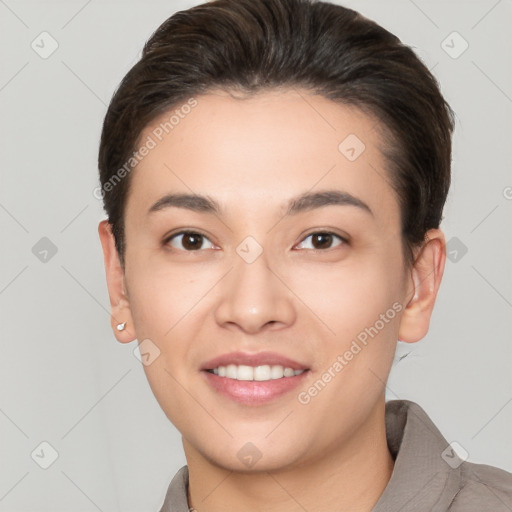 Joyful white young-adult female with short  brown hair and brown eyes