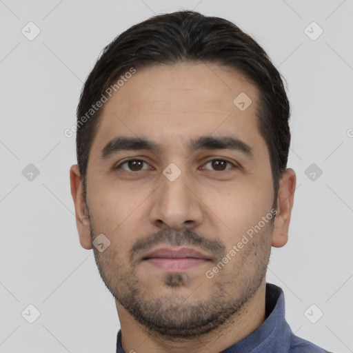 Neutral white young-adult male with short  black hair and brown eyes