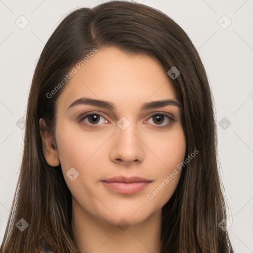 Neutral white young-adult female with long  brown hair and brown eyes