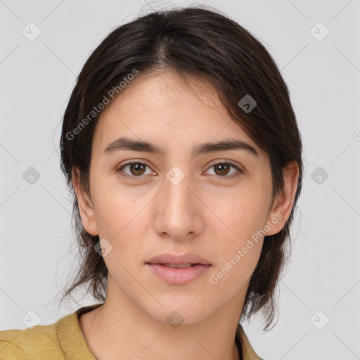 Neutral white young-adult female with medium  brown hair and brown eyes