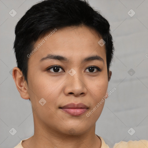 Joyful asian young-adult female with short  brown hair and brown eyes