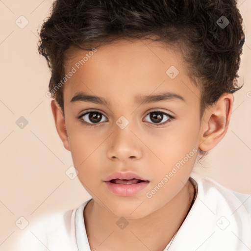 Joyful white child female with short  brown hair and brown eyes