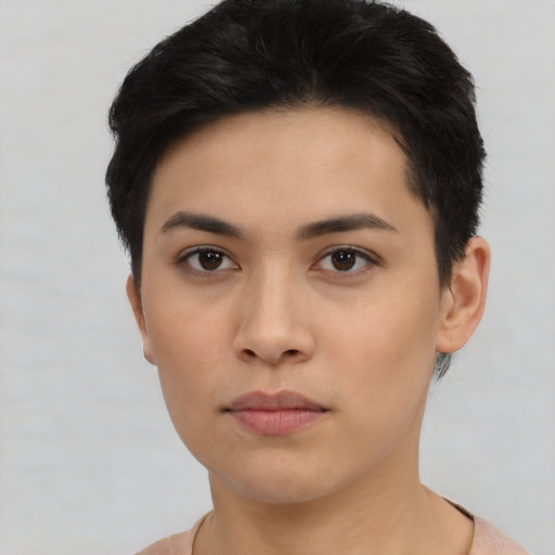 Neutral asian young-adult female with short  brown hair and brown eyes