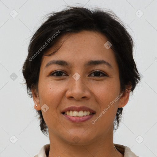 Joyful asian young-adult female with medium  brown hair and brown eyes