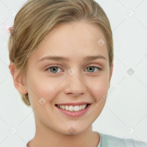 Joyful white young-adult female with medium  brown hair and blue eyes