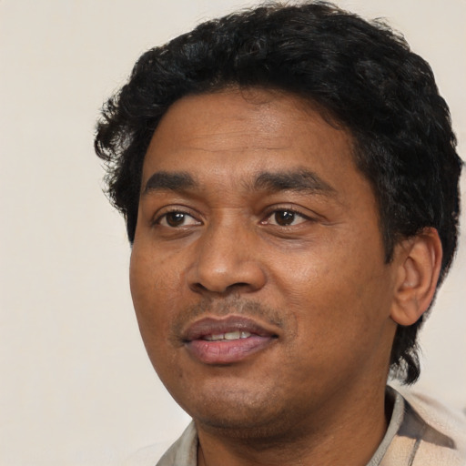 Neutral latino adult male with short  black hair and brown eyes