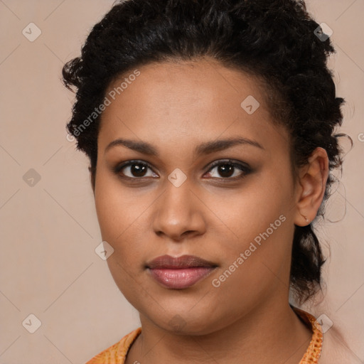 Neutral black young-adult female with long  brown hair and brown eyes