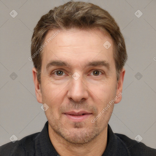 Neutral white adult male with short  brown hair and grey eyes