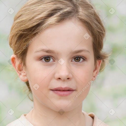 Joyful white child female with medium  brown hair and brown eyes