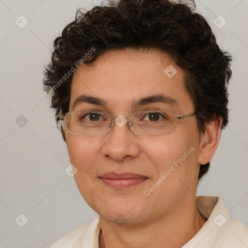 Joyful white adult female with short  brown hair and brown eyes