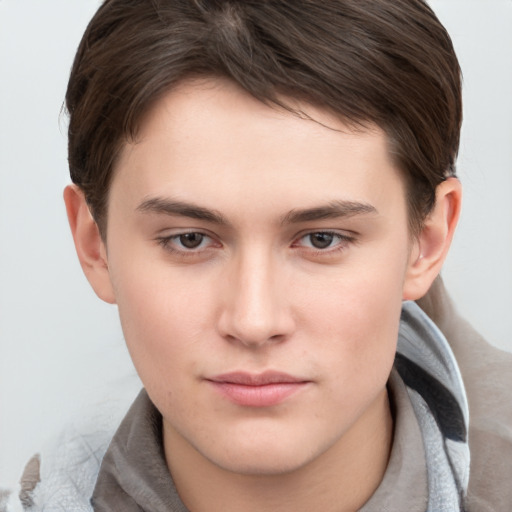 Neutral white young-adult male with short  brown hair and brown eyes