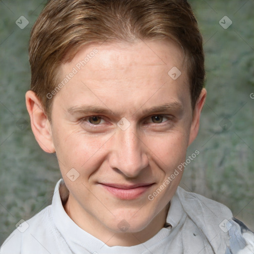 Joyful white adult male with short  brown hair and grey eyes