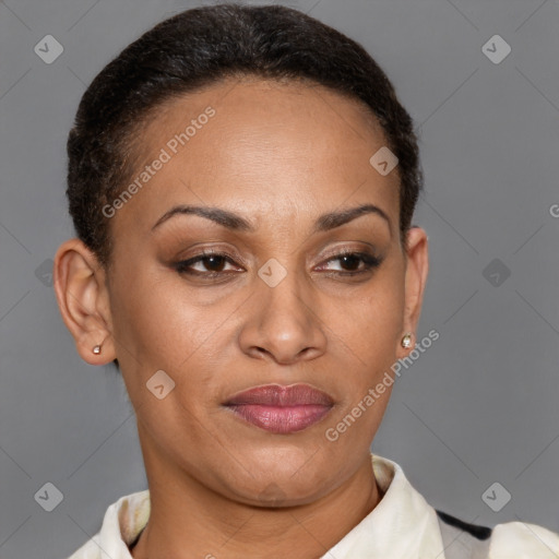 Joyful latino adult female with short  brown hair and brown eyes