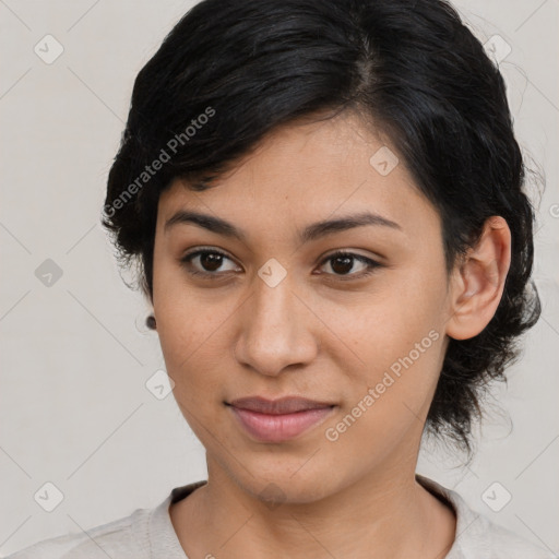 Joyful latino young-adult female with medium  black hair and brown eyes