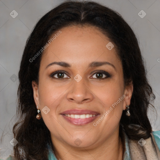 Joyful latino young-adult female with long  brown hair and brown eyes