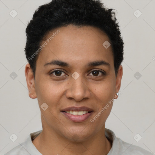 Joyful latino young-adult female with short  brown hair and brown eyes