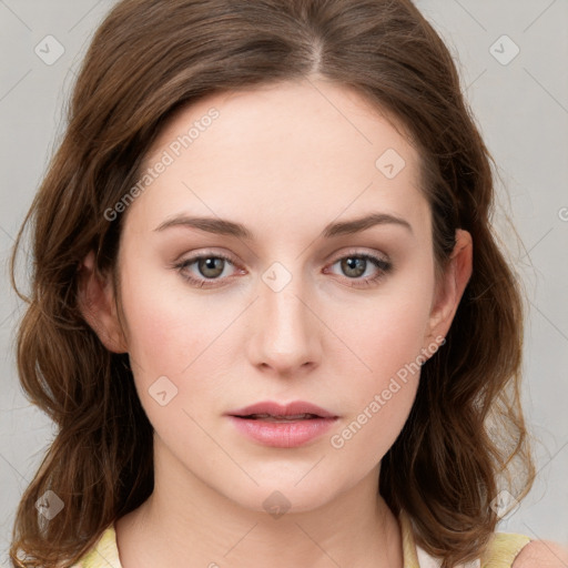 Neutral white young-adult female with medium  brown hair and grey eyes