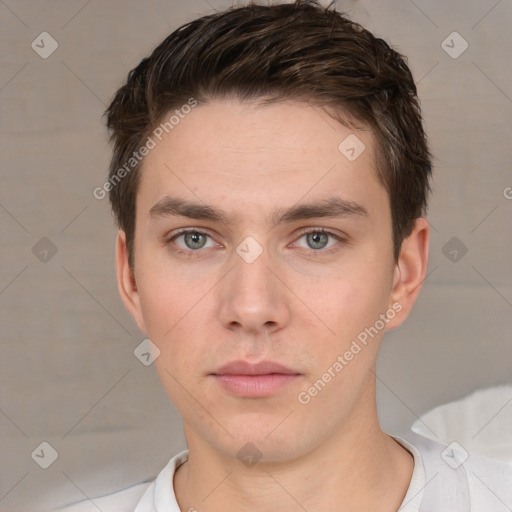 Neutral white young-adult male with short  brown hair and brown eyes