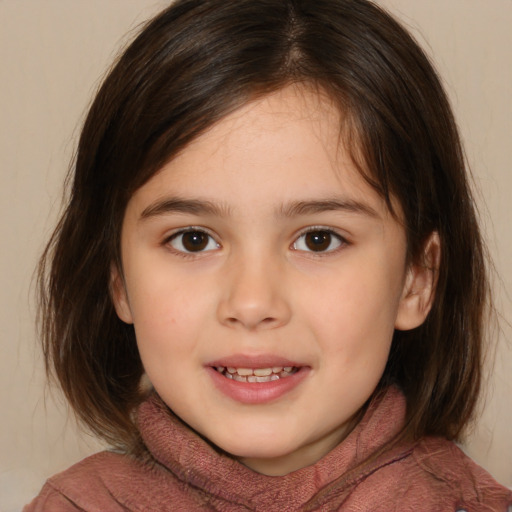 Joyful white child female with medium  brown hair and brown eyes