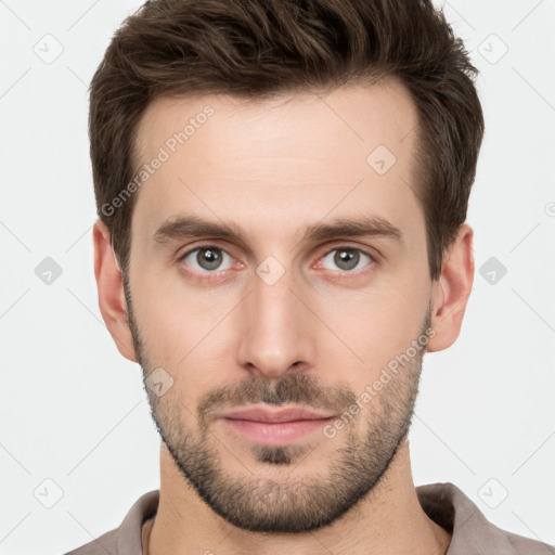 Neutral white young-adult male with short  brown hair and grey eyes