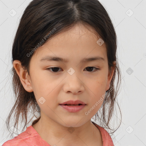 Joyful white child female with medium  brown hair and brown eyes