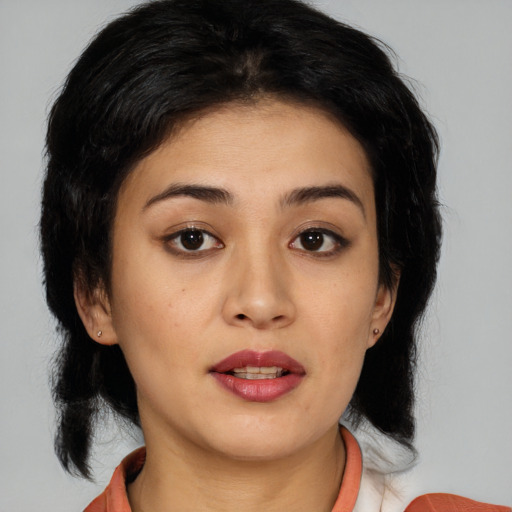 Neutral asian young-adult female with medium  black hair and brown eyes