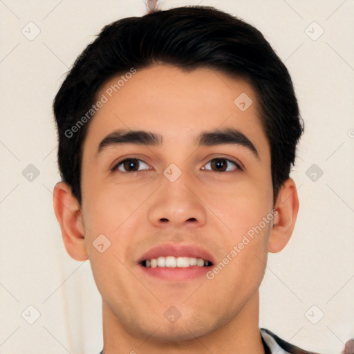 Joyful white young-adult male with short  black hair and brown eyes