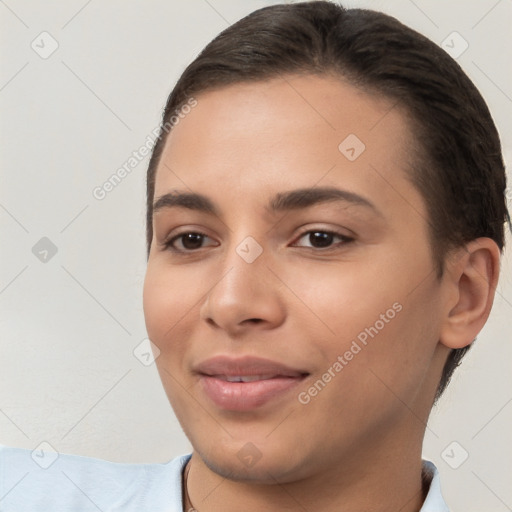 Joyful white young-adult female with short  brown hair and brown eyes