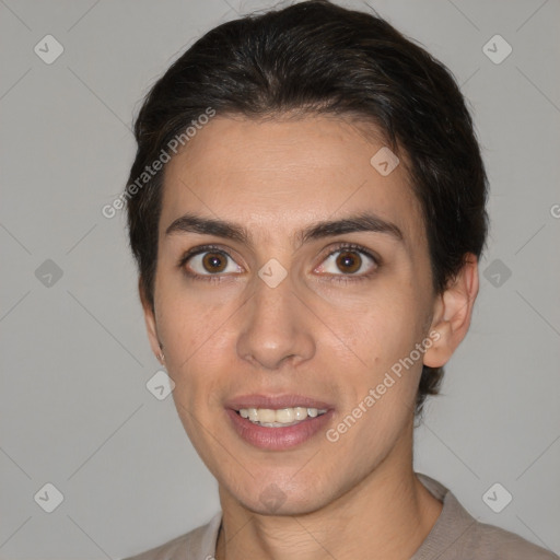 Joyful white young-adult female with short  brown hair and brown eyes