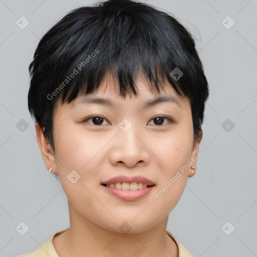 Joyful asian young-adult female with short  brown hair and brown eyes