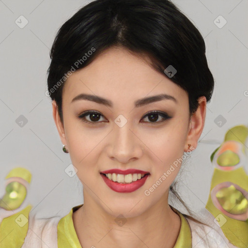 Joyful asian young-adult female with medium  black hair and brown eyes