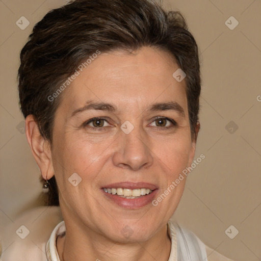 Joyful white adult female with short  brown hair and brown eyes