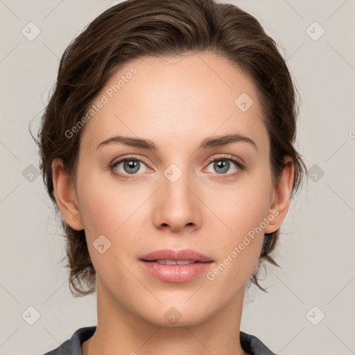 Neutral white young-adult female with medium  brown hair and grey eyes