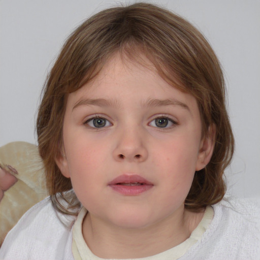 Neutral white child female with medium  brown hair and blue eyes