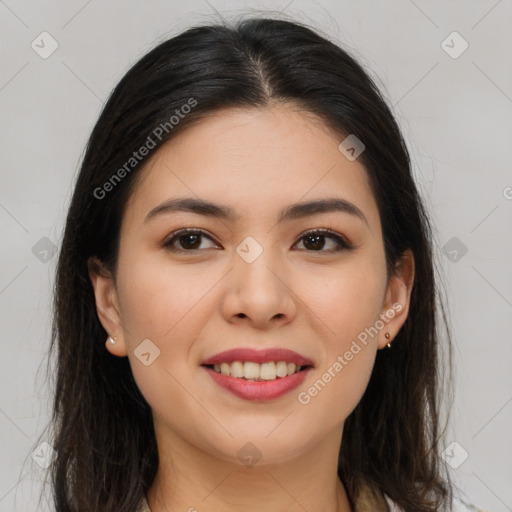 Joyful white young-adult female with long  brown hair and brown eyes