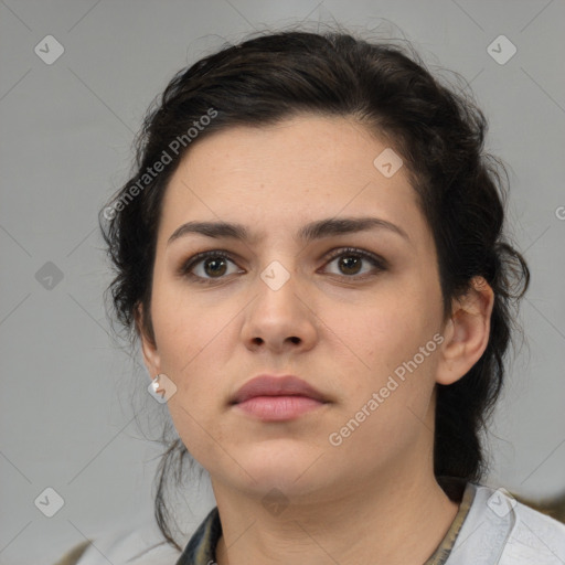 Neutral white young-adult female with medium  brown hair and brown eyes