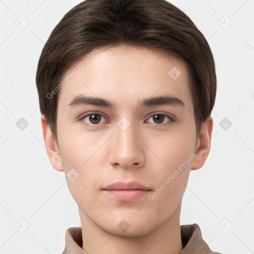 Neutral white young-adult male with short  brown hair and brown eyes