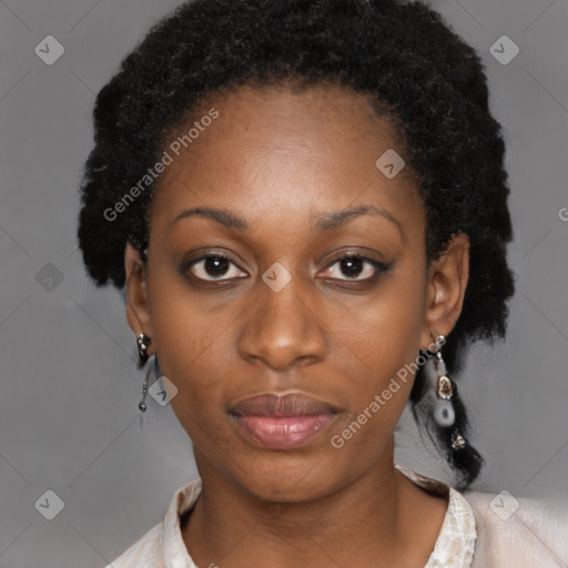 Neutral black young-adult female with short  black hair and brown eyes