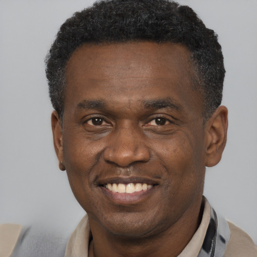 Joyful black adult male with short  brown hair and brown eyes